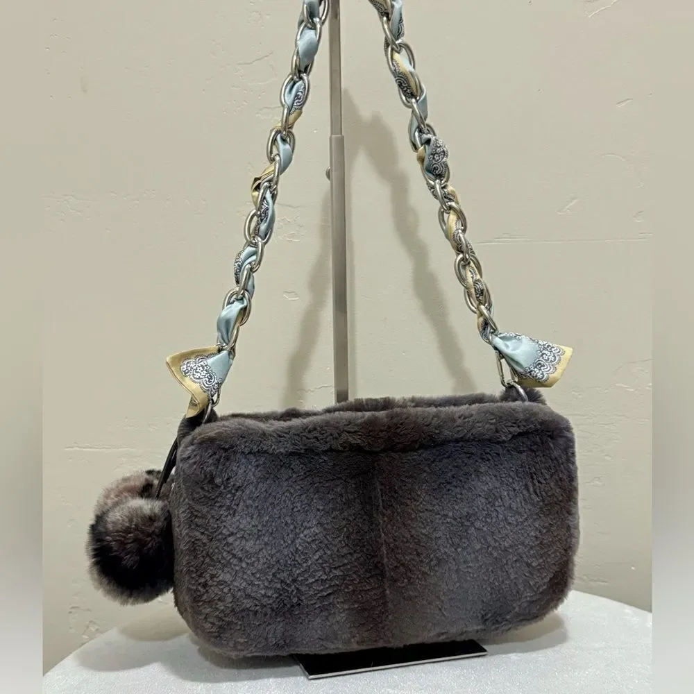 Gray Real Sheared Beaver Fur Handmade Double Zip Pillow Shoulder Bag/ Crossbody